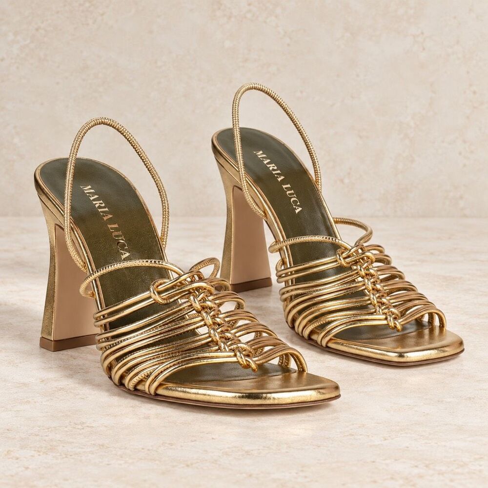 Nearly NEW MARIA LUCA Melania metallic gold slingback heeled sandals square toe,